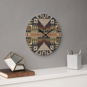Grande Horloge Ronde Tan foncé Taupe Brown Rouge Noir Tribal Art
