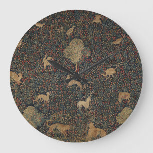 Grande Horloge Ronde Tapisserie allegorique Millefleurs avec animaux