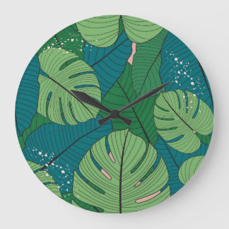 Grande Horloge Ronde Tapisserie de feuilles tropicales : verdure Vintag
