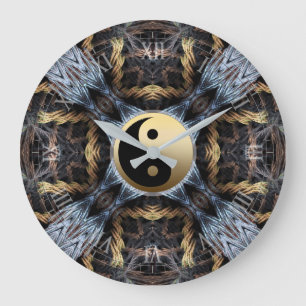 Grande Horloge Ronde Tapisserie fractale bleue dorée avec symbole Yin Y
