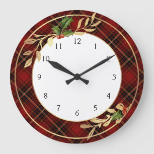 Grande Horloge Ronde Tartan de Noël rouge classique, Feuilles Holly & G