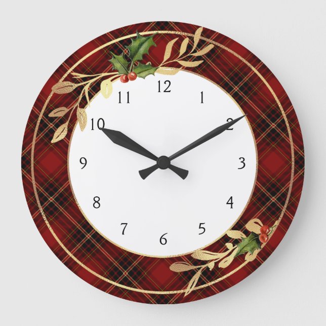 Grande Horloge Ronde Tartan de Noël rouge classique, Feuilles Holly & G (Recto)