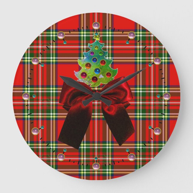 GRANDE HORLOGE RONDE TARTAN ÉCOSSAIS, BOIS ROUGE ET ARBRE DE NOËL (Recto)