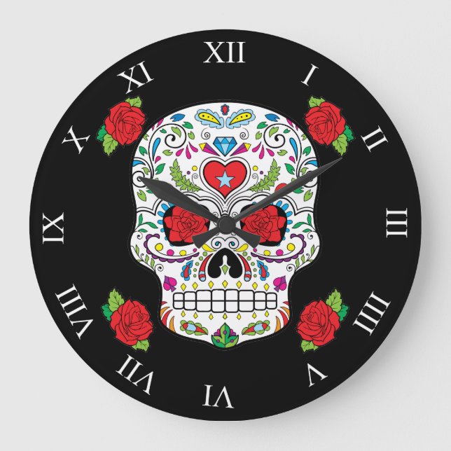 Grande Horloge Ronde Tatouage mexicain Sugar Skull and Red Roses (Recto)