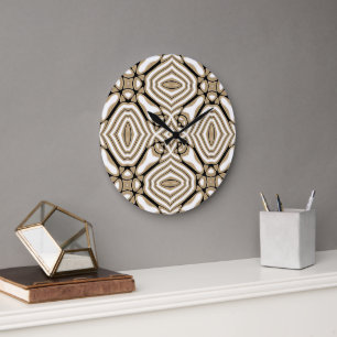 Grande Horloge Ronde Taupe Beige Brown Noir Blanc Bohême Art Motif