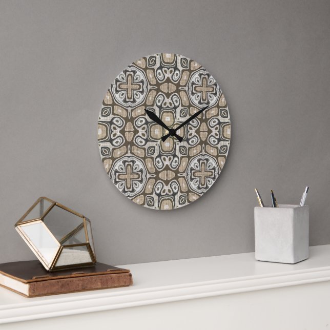 Grande Horloge Ronde Taupe Brown Gris Beige Hip Bohême Art Motif (Bureau)