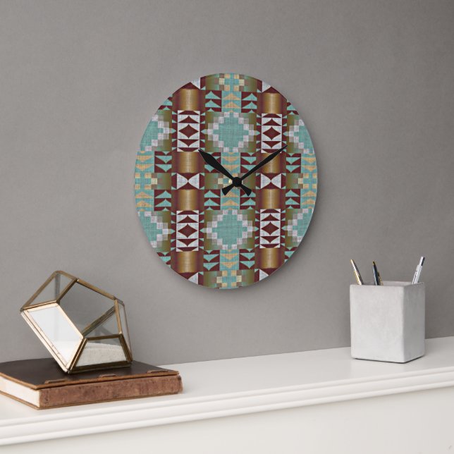 Grande Horloge Ronde Taupe Brown Turquoise Aqua Blue Tribal Motif (Bureau)