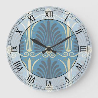 Grande Horloge Ronde taupe funky et bleu vieux damas chiffres romains