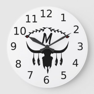 Grande Horloge Ronde Taureau avec plumes noires Silhouette