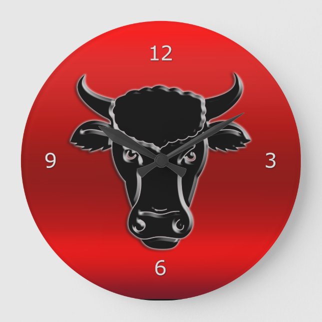 Grande Horloge Ronde Taureau noir stylisé sur effet métallique rouge (Recto)