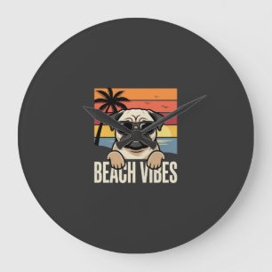 Grande Horloge Ronde Tchiens de plage Pug Chien Coucher de soleil