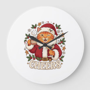 Grande Horloge Ronde Tchin Tchin Noël Chat Orange Chapeau de Père Noël 