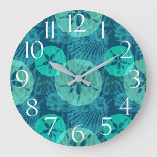 Grande Horloge Ronde Teal and Navy Blue Seashell Dollar Beach