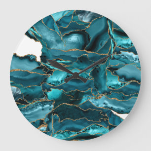 Grande Horloge Ronde Teal Blue et Gold Glitter Agate
