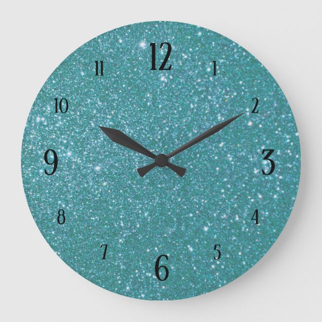 Grande Horloge Ronde Teal Blue Glitter Glam with Black Numbers (Recto)