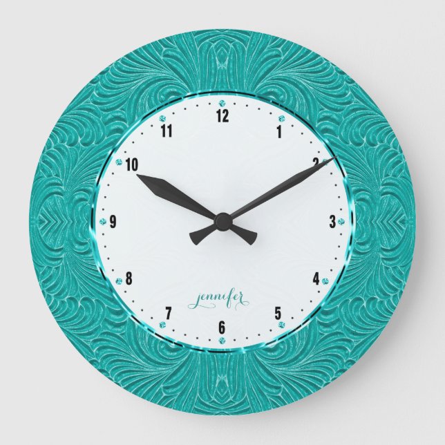 Grande Horloge Ronde Teal Green Embossed Floral (Recto)