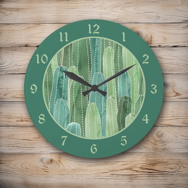 Grande Horloge Ronde Teal Green Watercolor Cacti (Créateur téléchargé)