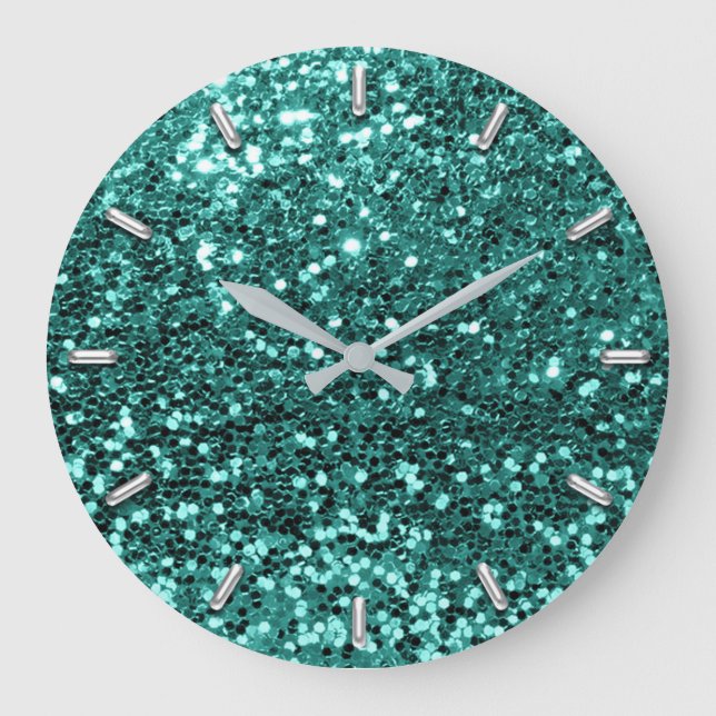 Grande Horloge Ronde Teal Greenery Aqua Sparkly Faux Glitter Gray Glam (Recto)
