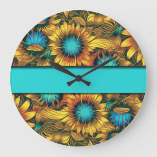 Grande Horloge Ronde Teal With Colorful Sunflowers