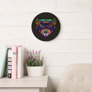 Grande Horloge Ronde Team Gamer, déco gaming manette rétro