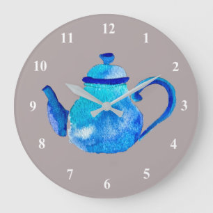 Grande Horloge Ronde Teapot bleu d'aquarelle blanc