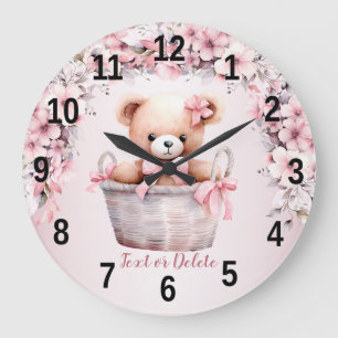 Grande Horloge Ronde Teddy Bear Baby Girl Fleurs roses Élégant poussin