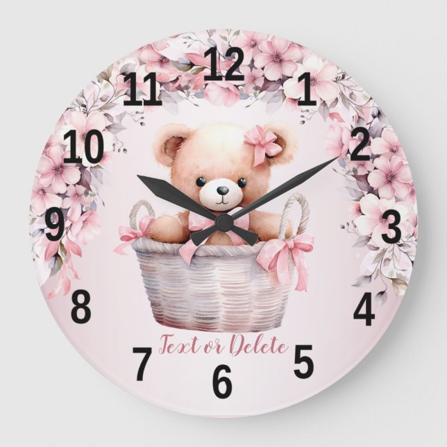 Grande Horloge Ronde Teddy Bear Baby Girl Fleurs roses Élégant poussin (Recto)