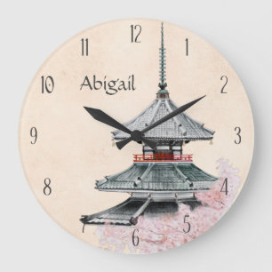 Grande Horloge Ronde Temple japonais personnalisé fleurs de cerisiers J
