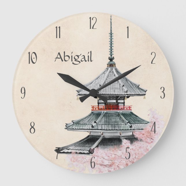 Grande Horloge Ronde Temple japonais personnalisé fleurs de cerisiers J (Recto)