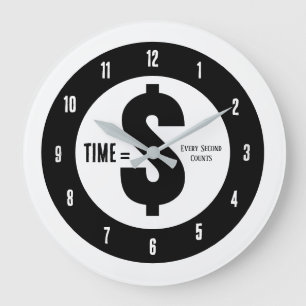 Grande Horloge Ronde Temps = $ Chaque seconde compte Noir et Blanc