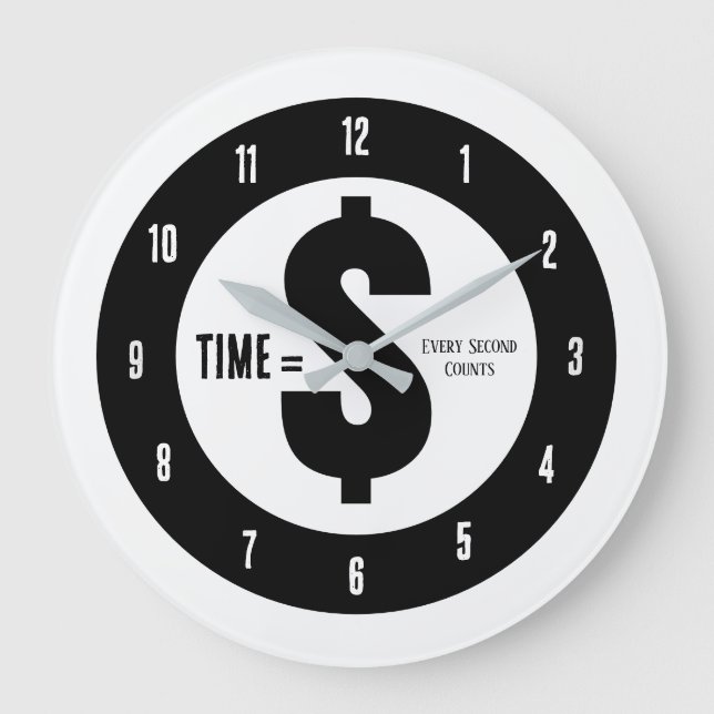Grande Horloge Ronde Temps = $ Chaque seconde compte Noir et Blanc (Recto)