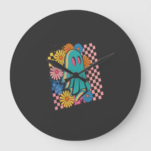 Grande Horloge Ronde Tendance Néon Floral Fantôme Halloween