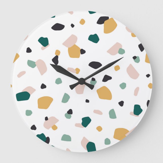 Grande Horloge Ronde Tendance Terrazzo Green Orange Rose Motif (Recto)