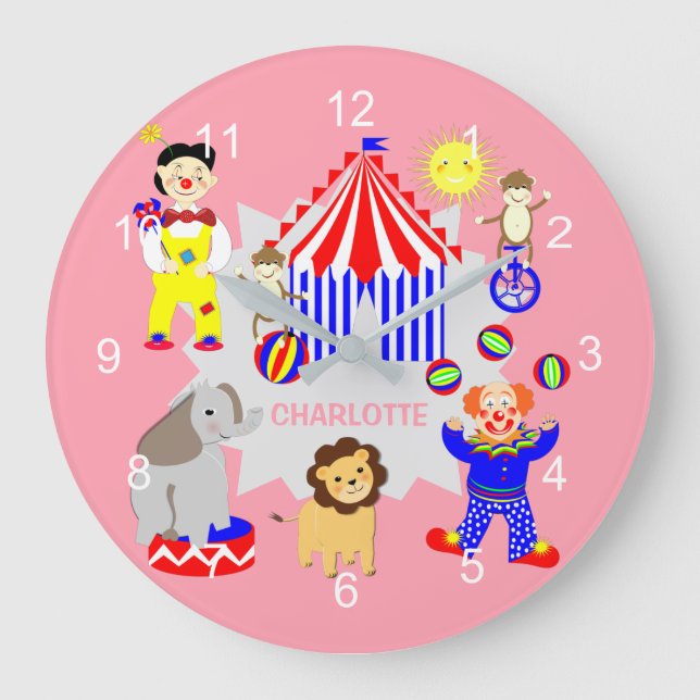 Grande Horloge Ronde Tente Cirque Cartoon Clowns & Animaux Personnalisé (Recto)