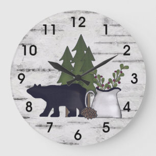 Grande Horloge Ronde Terre rustique Ours et arbres sur bouleau