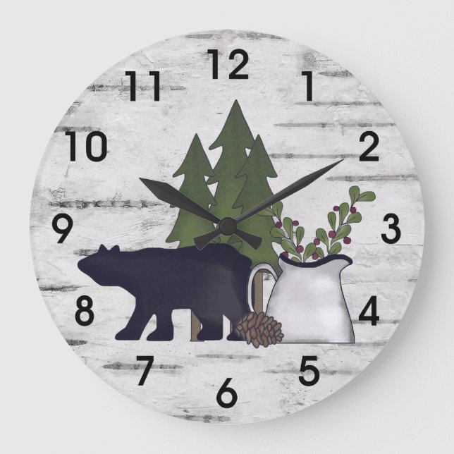 Grande Horloge Ronde Terre rustique Ours et arbres sur bouleau (Recto)