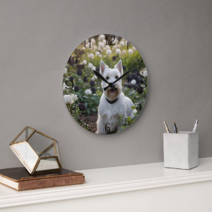 Grande Horloge Ronde Terrier écossais blanc avec Roses blancs noirs,
