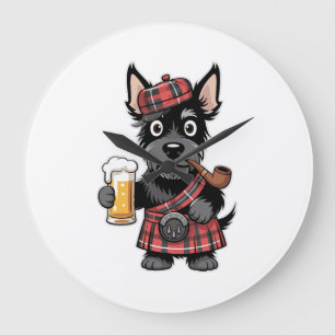 Grande Horloge Ronde Terrier écossais en kilt tartan avec bière et pipe