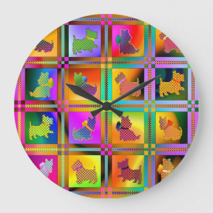 Grande Horloge Ronde Terriers écossais colorés avec Motif plaid