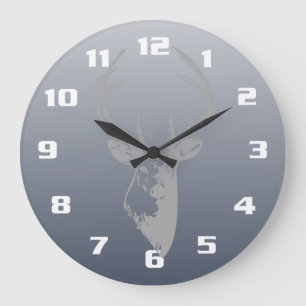 Grande Horloge Ronde Tête De Cerf Gris Sur Bleu Fumé