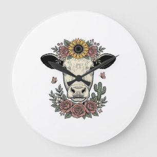 Grande Horloge Ronde Tête de vache florale dessin vintage gravure Desig