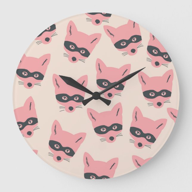 Grande Horloge Ronde Têtes Bandit Fox : Motif rose beige (Recto)