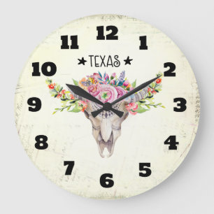 Grande Horloge Ronde Texas Boho Crâne de vache avec fleurs chic tendanc
