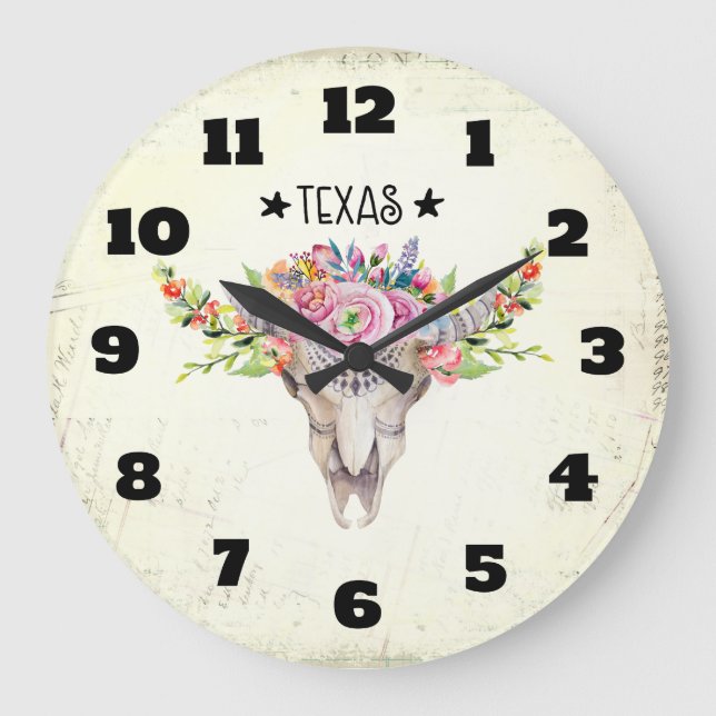Grande Horloge Ronde Texas Boho Crâne de vache avec fleurs chic tendanc (Recto)