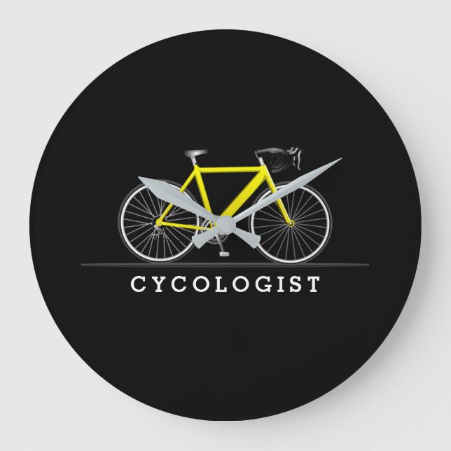 Grande Horloge Ronde Texte cyclologue avec bicyclette jaune (Recto)