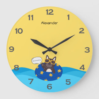 Grande Horloge Ronde Texte personnalisé Chien caricature Jaune