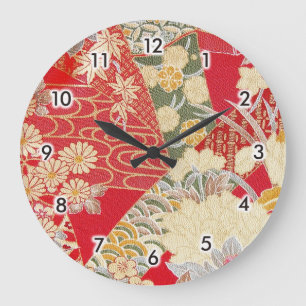 Grande Horloge Ronde Textile japonais de KIMONO, motif floral