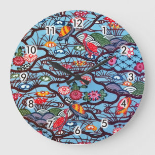 Grande Horloge Ronde Textile japonais Kimono vintage (Bingata)