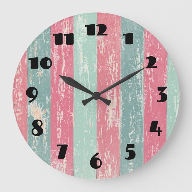 Grande Horloge Ronde Texture des rayures rose et vert (Recto)