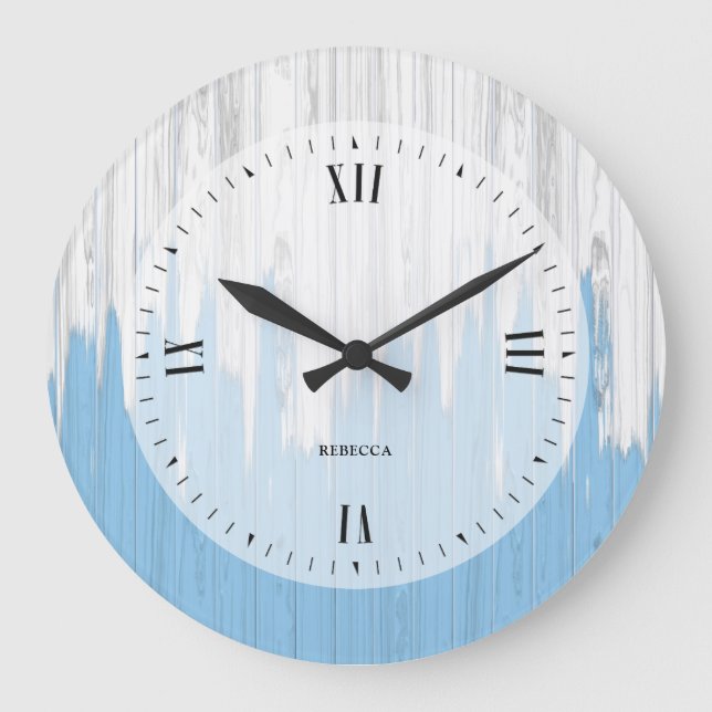 Grande Horloge Ronde Texture en bois peint blanc et bleu (Recto)